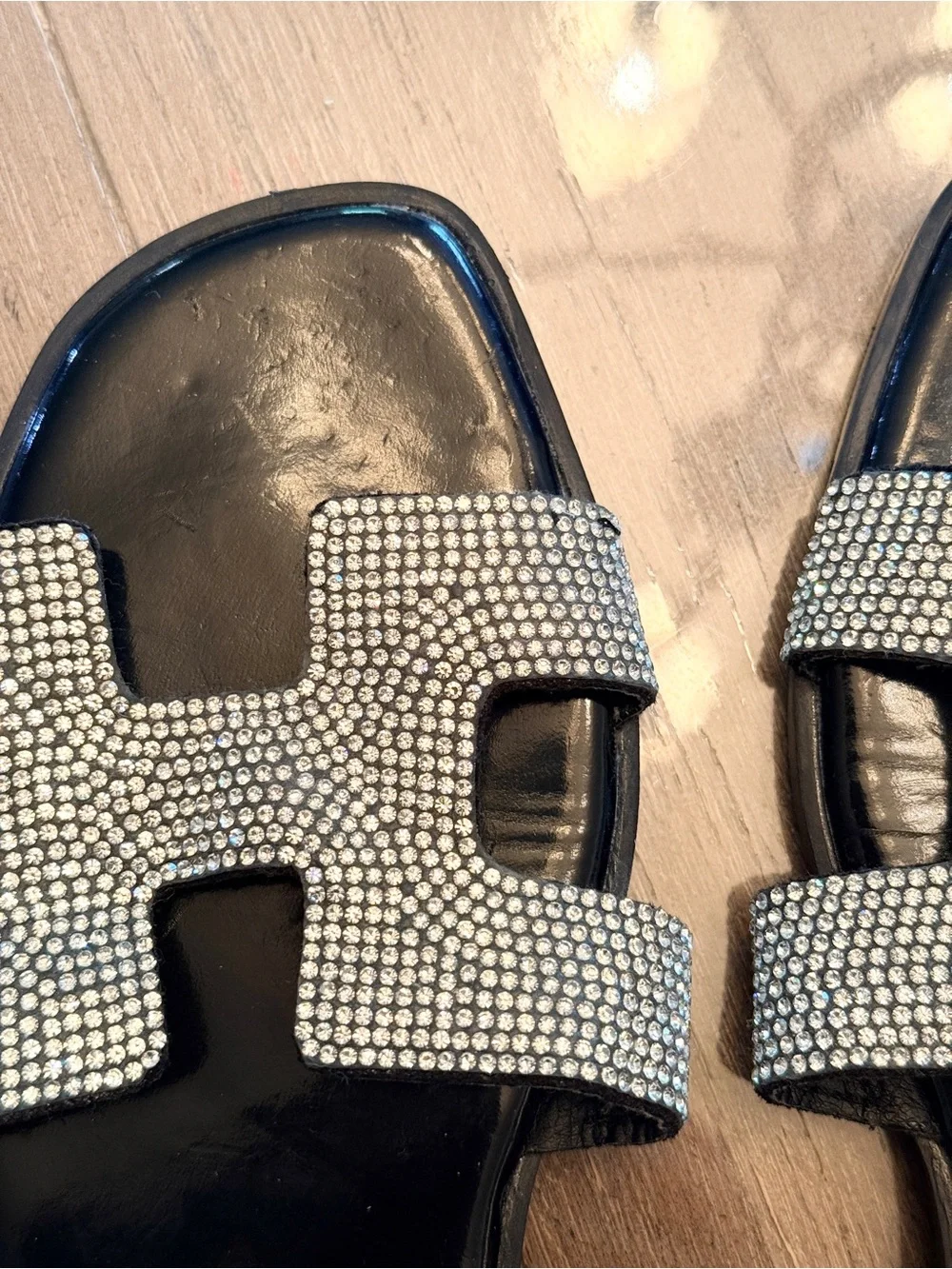 Black Rhinestone H Slide Sandals Size 7